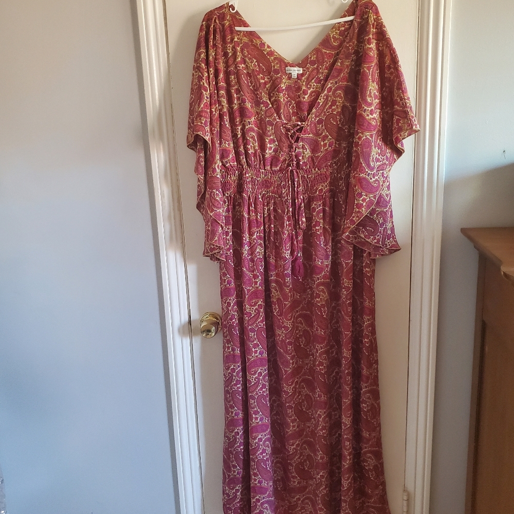 Karma Highway Paisley Maxi Dress w/ Large Flutter Sleeve OS Boho Festival 70s - Picture 2 of 16